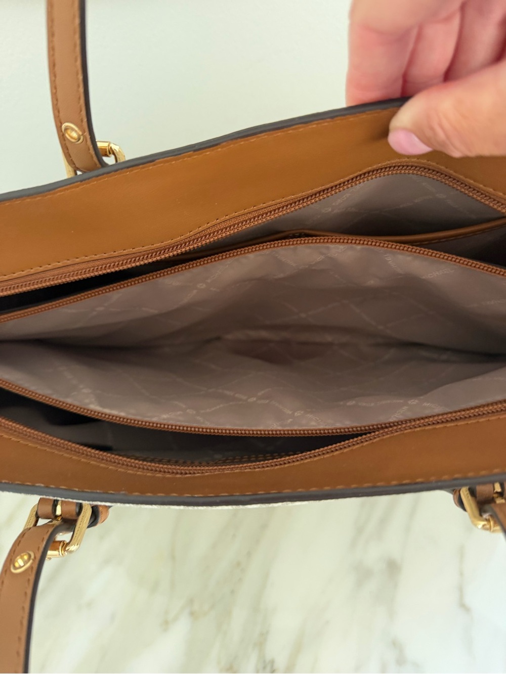 Michael Kors Cream and Brown MK Signature Shoulder Tote - Picture 6 of 11
